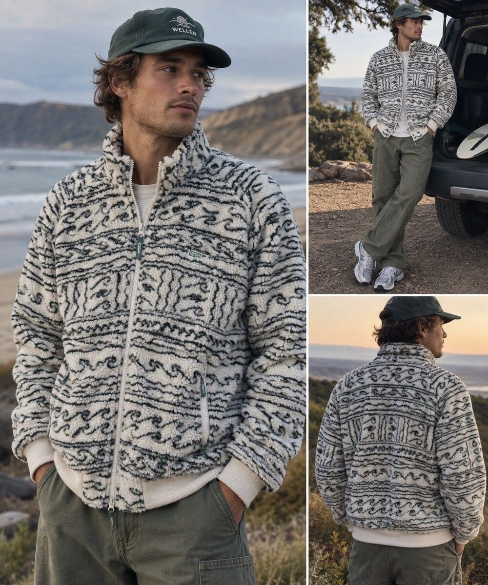 Wellen Huckberry Dawn Patrol Quilted Fleece Jacket Men M Playa Sherpa Full Zip